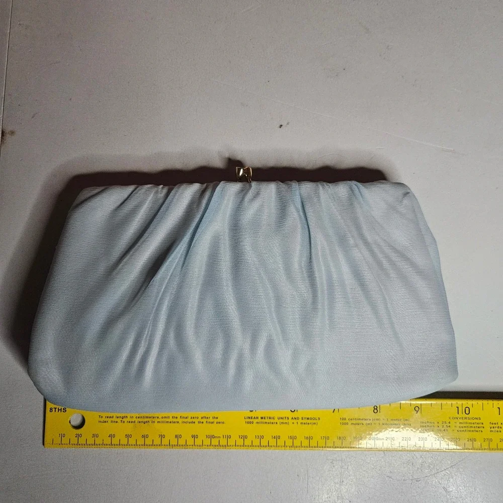 Vintage HL USA Light Blue Chiffon Ruched Clutch Evening Bag Gold Tone Kiss Lock